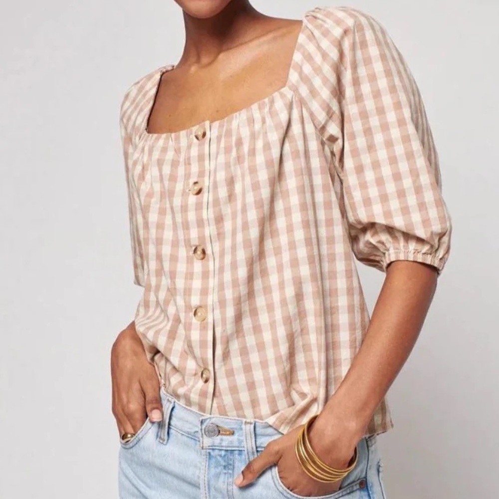 Faherty Tan White Plaid Organic Cotton Square Neck Cottagecore Cali Top Shirt